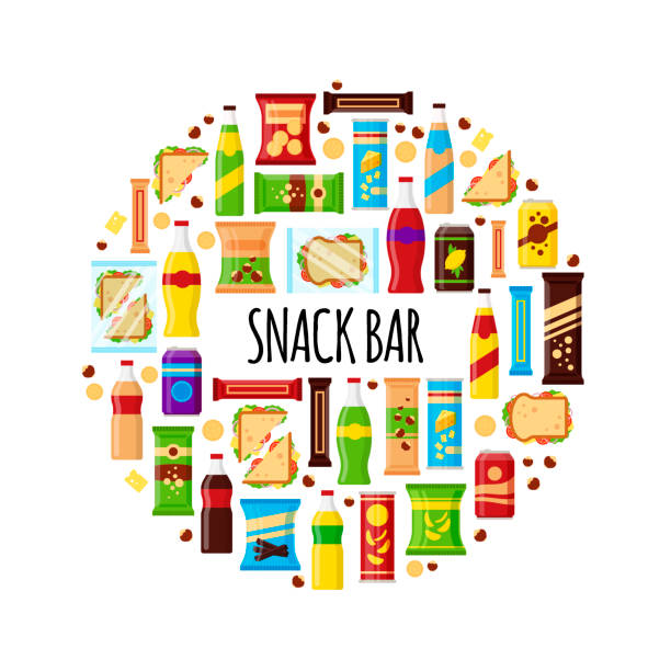 Snack product in circle. Fast food snacks, drinks, nuts, chips, cracker, juice, sandwich for snack bar isolated on white background. Flat